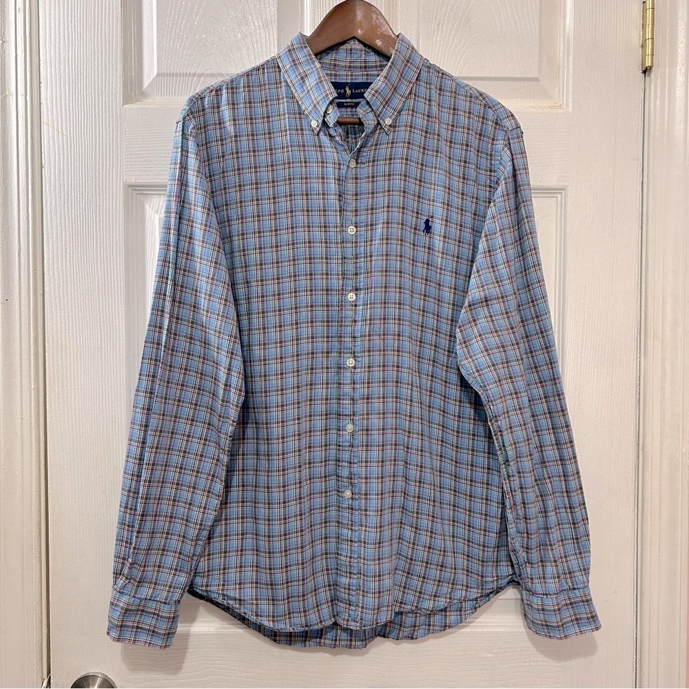 POLO Ralph Lauren Button Down Shirt Men's Blue Green Plaid Slim Fit Size Large